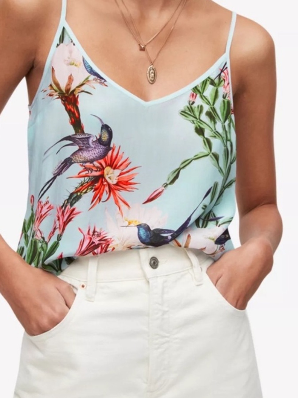 All Saints Pale Blue Floral & Bird Silk Cami